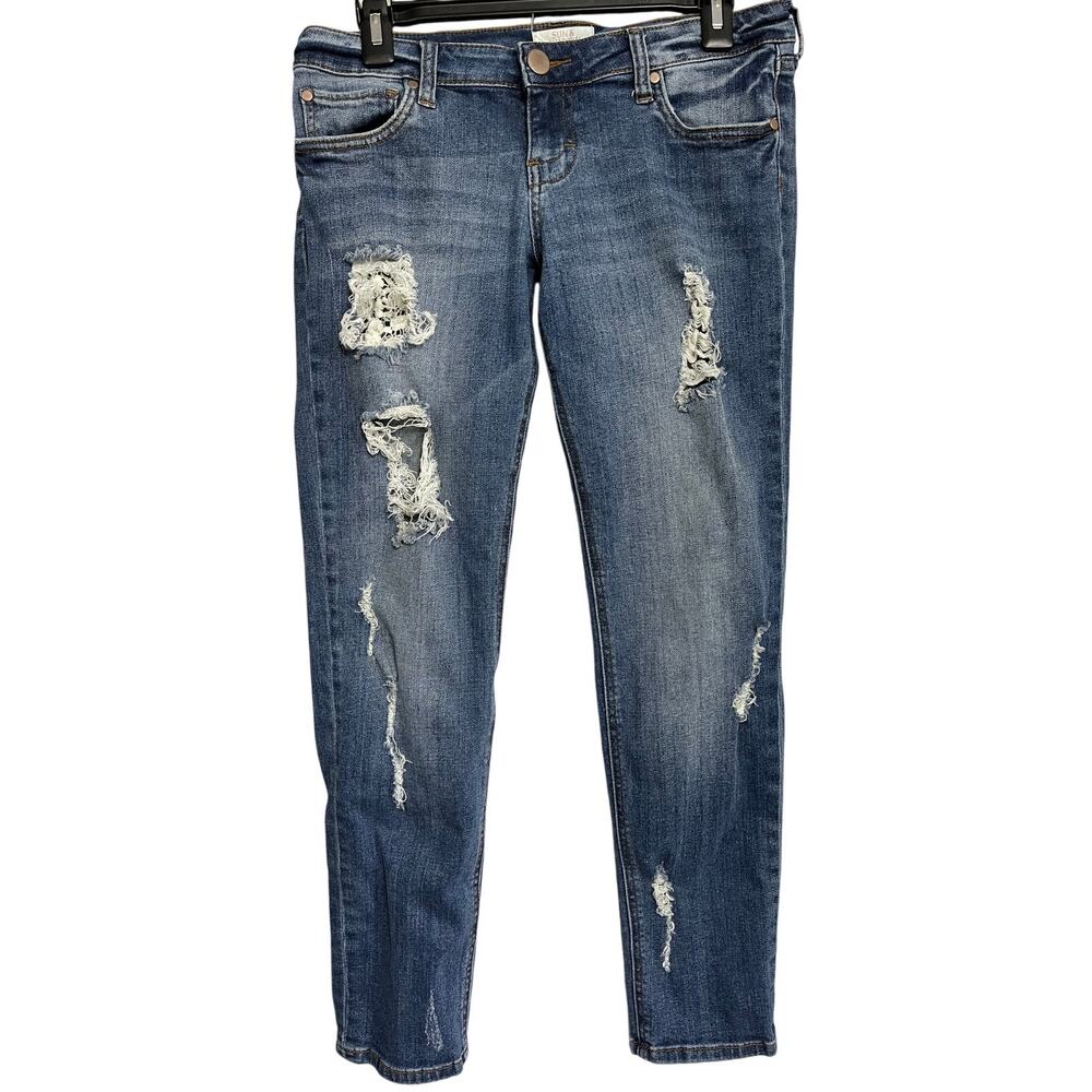 Sun Shadow Ripped Jeans Women Size 5 Dark Blue Denim Low Rise Cotton Y2K